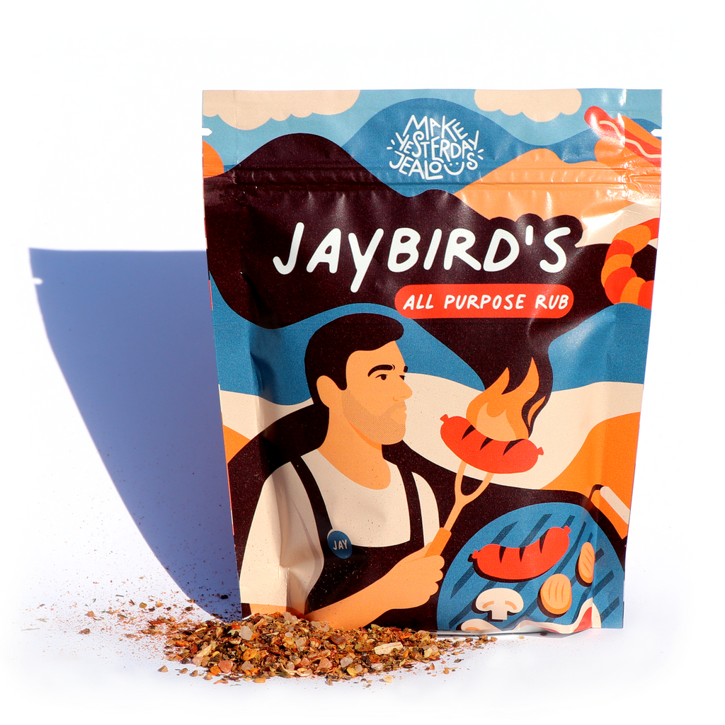 Jaybird All-Purpose Spice Rub - front of package with spice shown in front. #spices #allpurposerub #spicerub